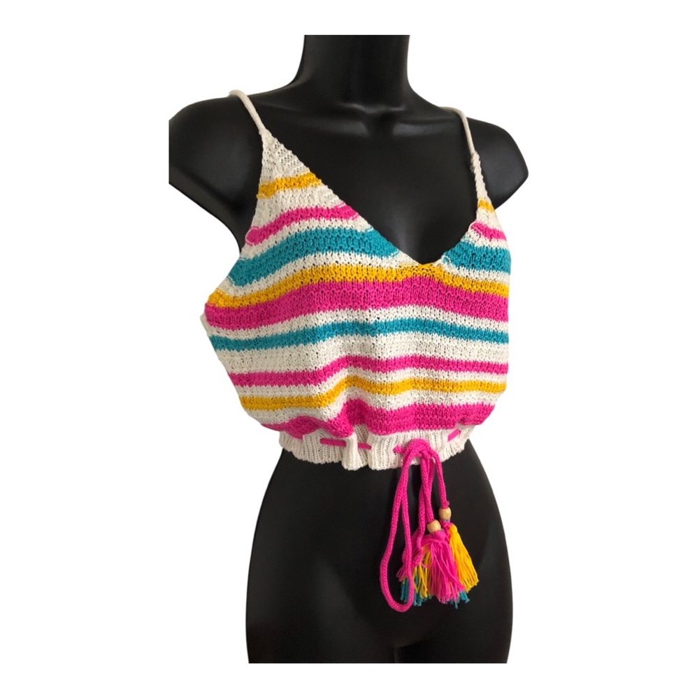 White pink blue crochet‎ v-neck pink tassel cami crop top size XL brand new